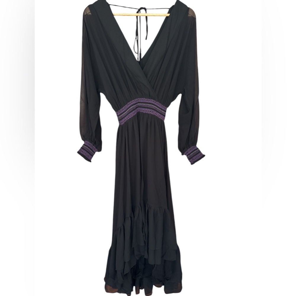 Anthropologie Maxi Dress Long Sleeve Smocked Waist Ruffled Black XS NWT - Picture 4 of 14
